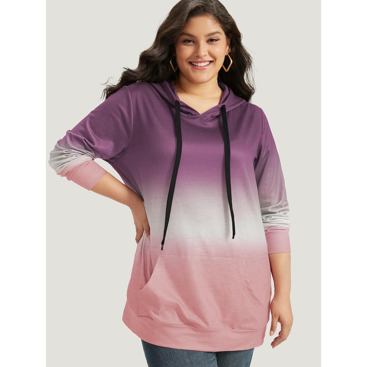 Plus Size Ombre Pocket Drawstring Hooded Sweatshirt Women Lilac Casual Elastic cuffs Hooded Everyday Sweatshirts BloomChic 10/M Product Image
