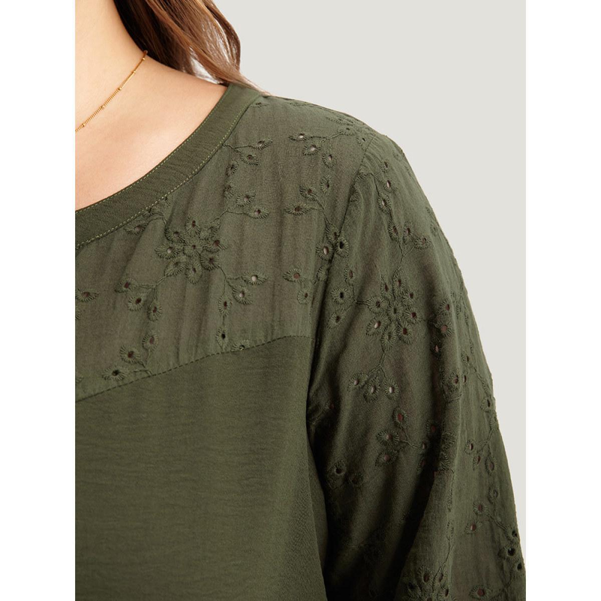 Plus Size Solid Notched Eyelet Patchwork Dress ArmyGreen Women Office Elastic cuffs Notched collar Elbow-length sleeve Curvy Midi Dress BloomChic 14-16/1X Product Image