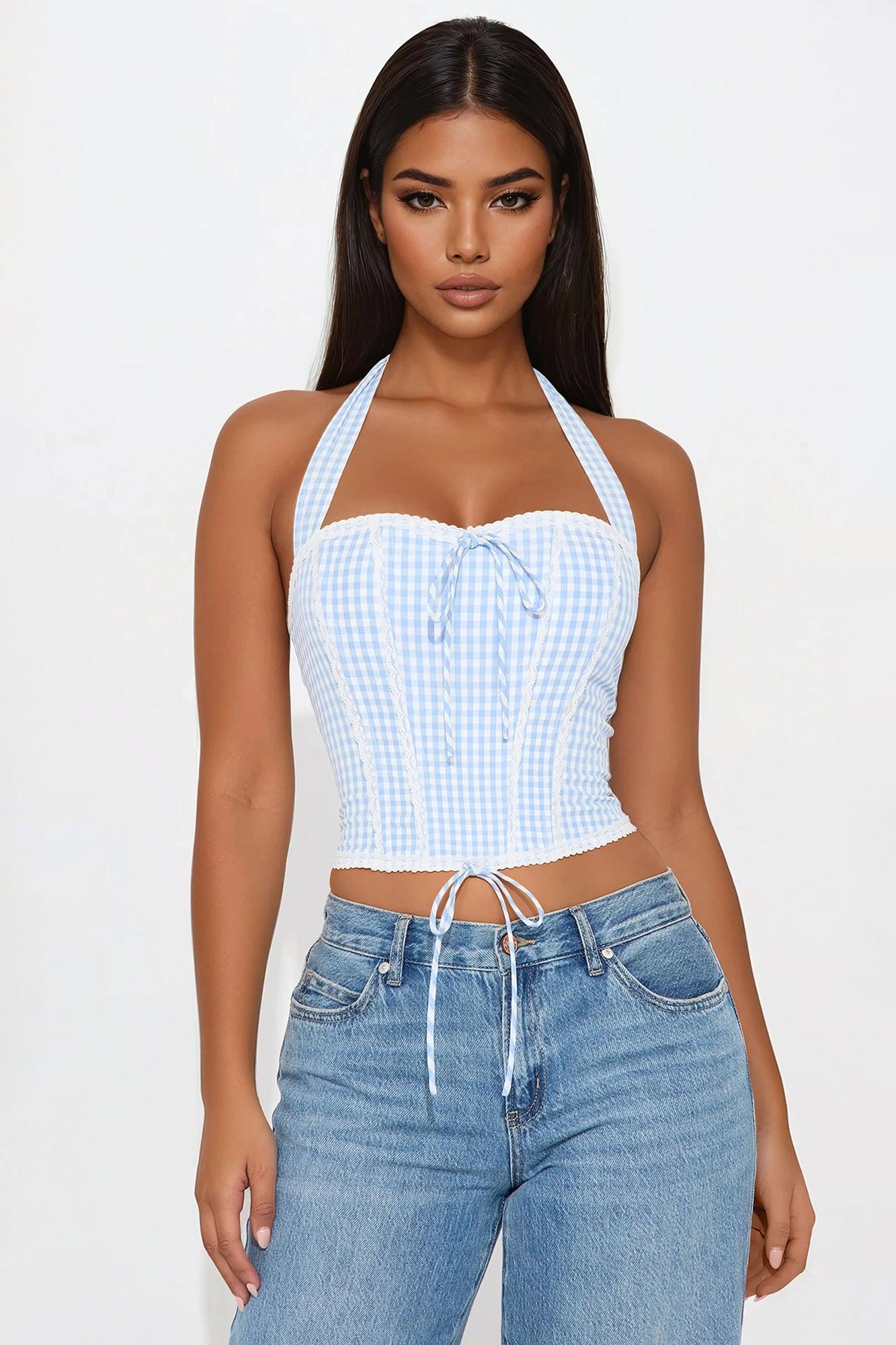 Sunset Walks Gingham Corset Top - Blue/combo Product Image