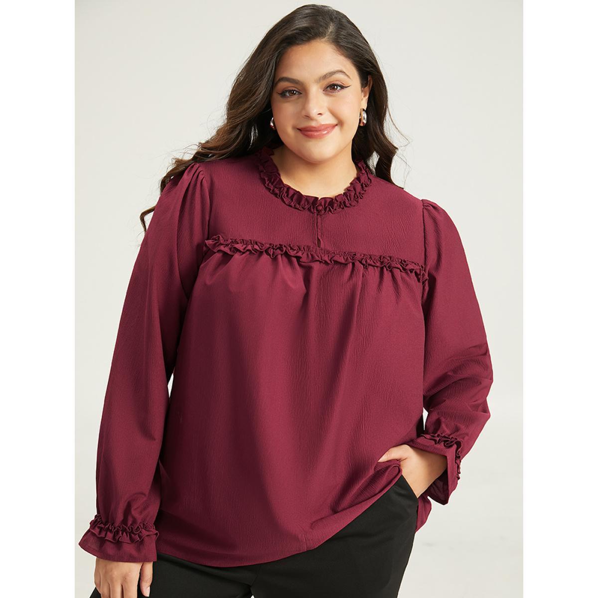 Plus Size Maroon Solid Frill Trim Puff Sleeve Blouse Women Office Long Sleeve Round Neck Work Blouses BloomChic 12/L Product Image