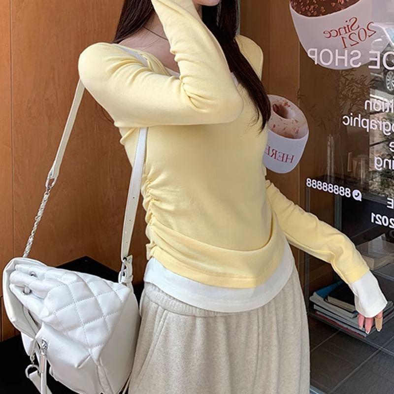 Mock Two-Piece Long-Sleeve Square-Neck Two-Tone T-Shirt Product Image