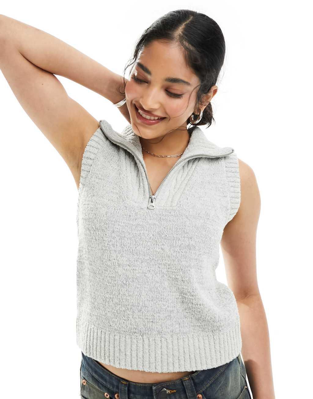 Weekday Cherin knit half zip high neck vest in light gray Product Image