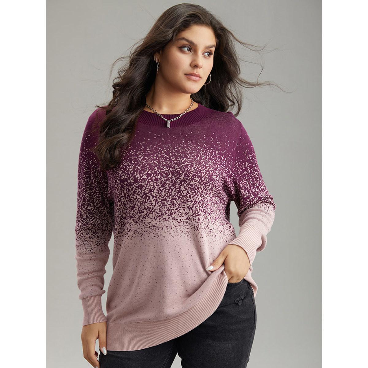Plus Size Supersoft Essentials Ombre Elastic Cuffs Pullover Purple Women Casual Loose Long Sleeve Round Neck Dailywear Pullovers BloomChic 30/6X Product Image