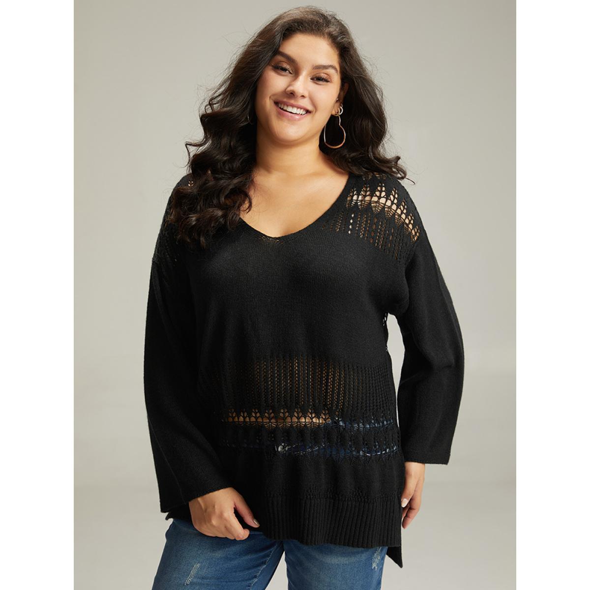 Plus Size Solid Hollow Out Split V Neck Pullover Black Women Casual Loose Long Sleeve V-neck Everyday Pullovers BloomChic 10/M Product Image