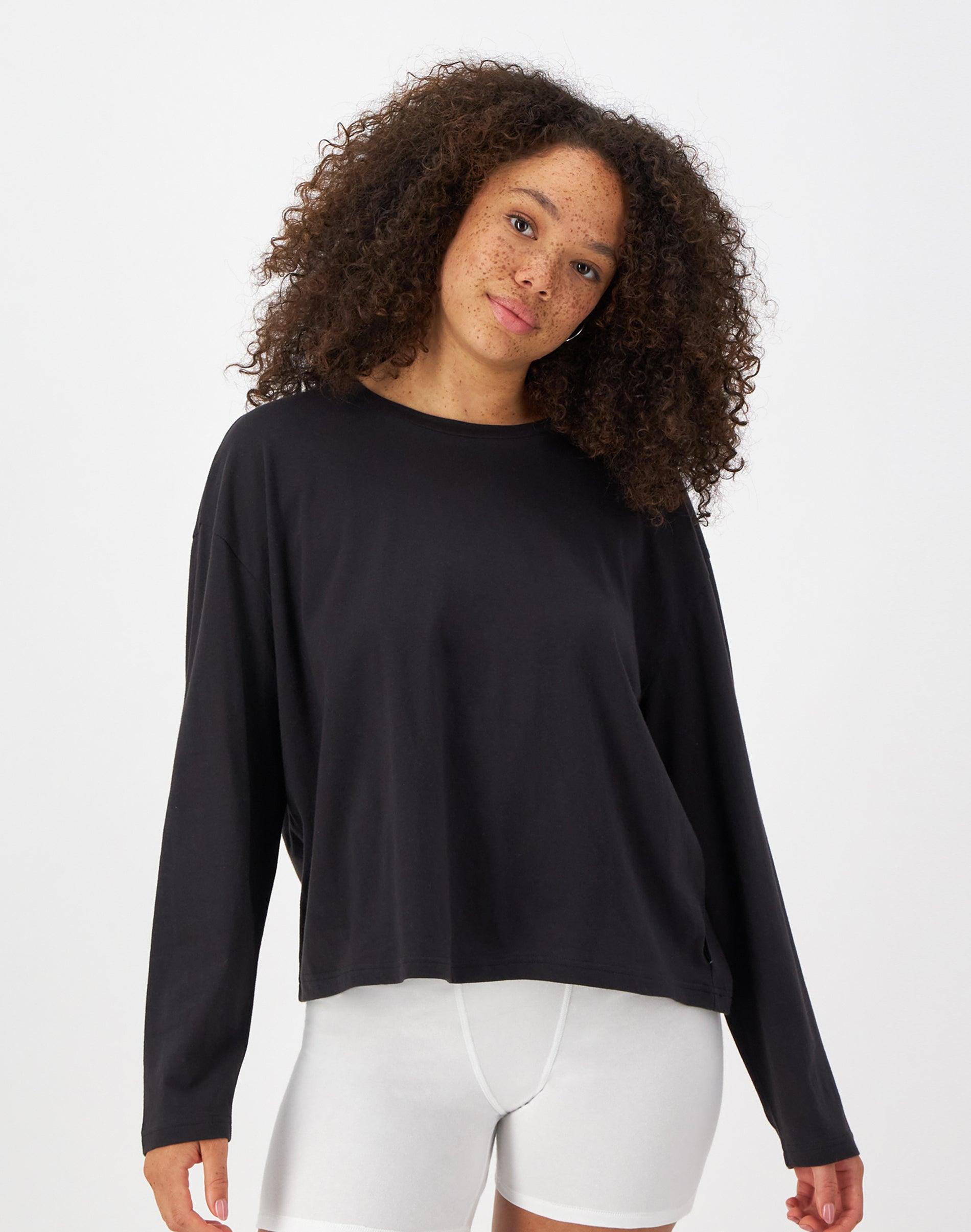 Hanes Originals Comfywear Womens Boxy Long Sleeve T-Shirt Black XS Product Image