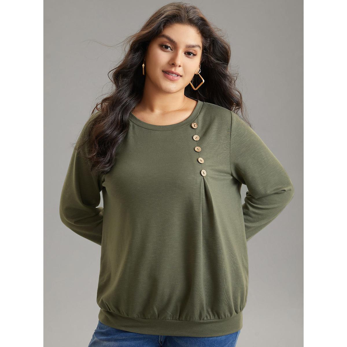 Plus Size Plain Plicated Detail Button Detail Sweatshirt Women Sage Casual Texture Round Neck Dailywear Sweatshirts BloomChic 10/M Product Image