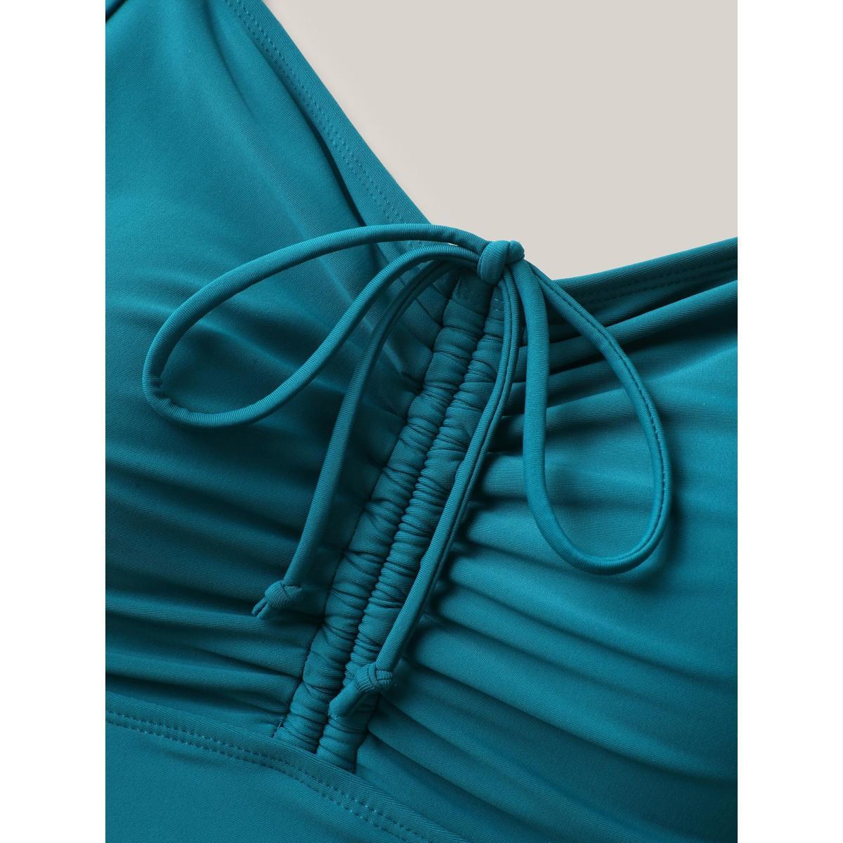 Plus Size Tropical Print Adjustable Drawstring Swim Dress Women's Swimwear Cyan Beach Bodycon Heart neckline High stretch Curve Swim Dresses BloomChic 30/6X Product Image