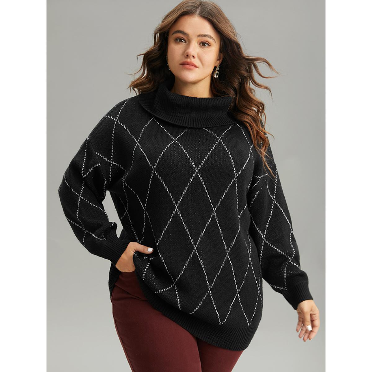 Plus Size Plaid Luxe Contrast Turtleneck Pullover Black Women Casual Loose Long Sleeve Turtleneck Dailywear Pullovers BloomChic 10/M Product Image