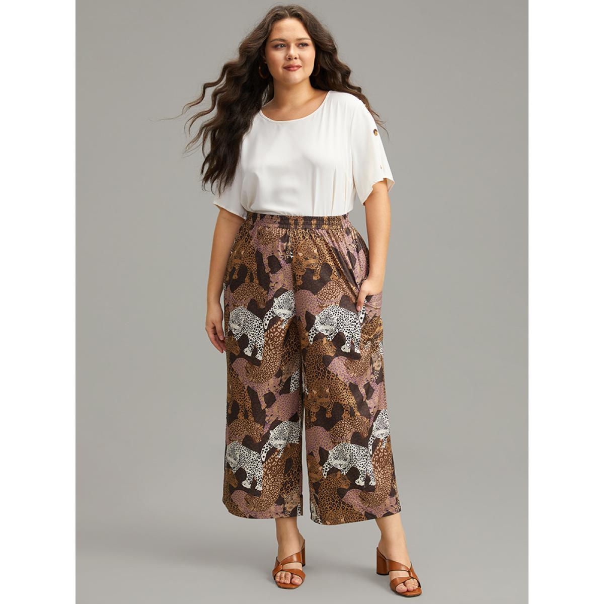 Plus Size Leopard Print Elastic Waist Straight Leg Pants Women Multicolor Casual Wide Leg High Rise Dailywear Pants BloomChic 28/5X Product Image