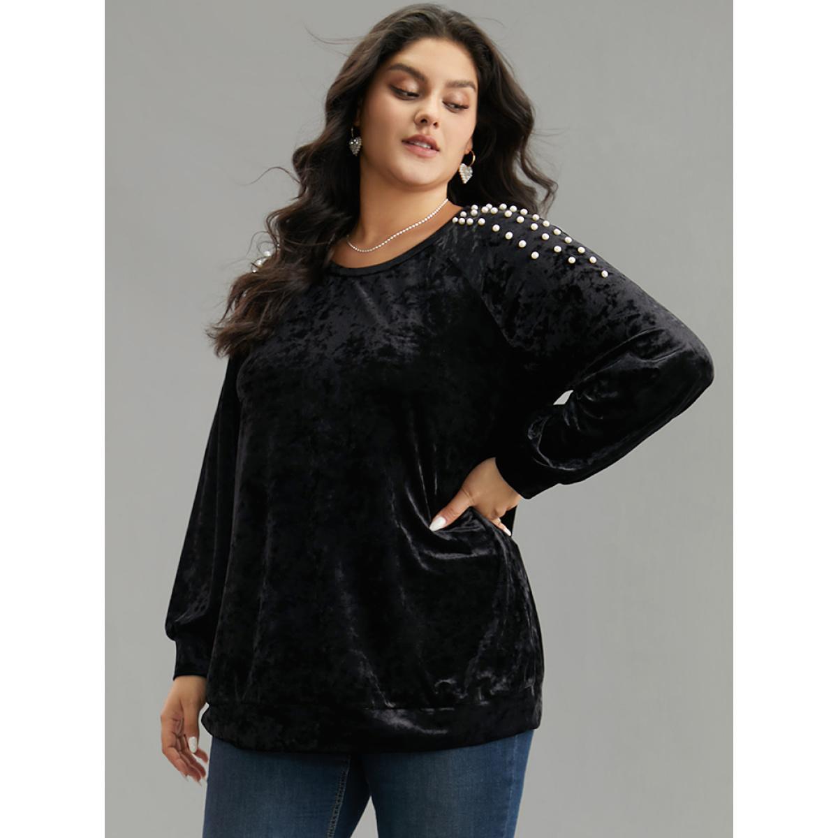 Plus Size Solid Velvet Pearl Beaded Raglan Sleeve Sweatshirt Women Black Elegant Elastic cuffs Round Neck Dailywear Sweatshirts BloomChic 14-16/1X Product Image