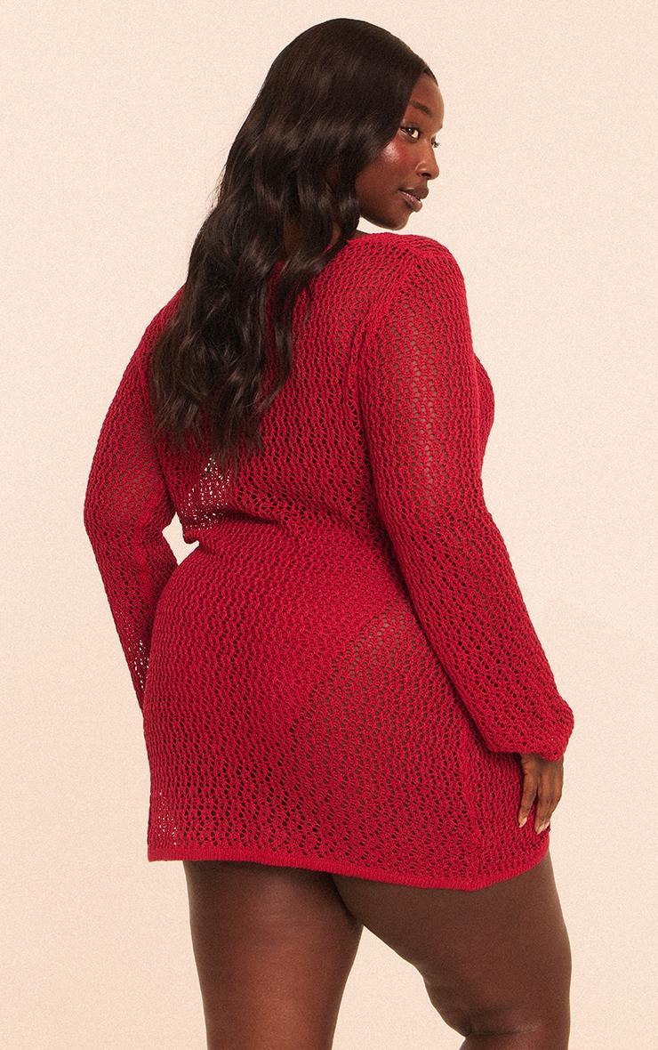 Plus Burgundy Crochet O Ring Mini Beach Dress Product Image