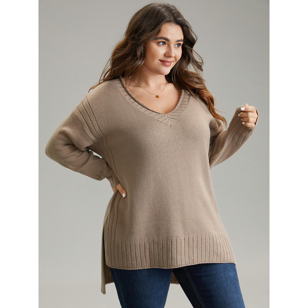 Plus Size Solid Split Side High Low Hem Pullover Tan Women Casual Loose Long Sleeve V-neck Dailywear Pullovers BloomChic 18-20/2X Product Image