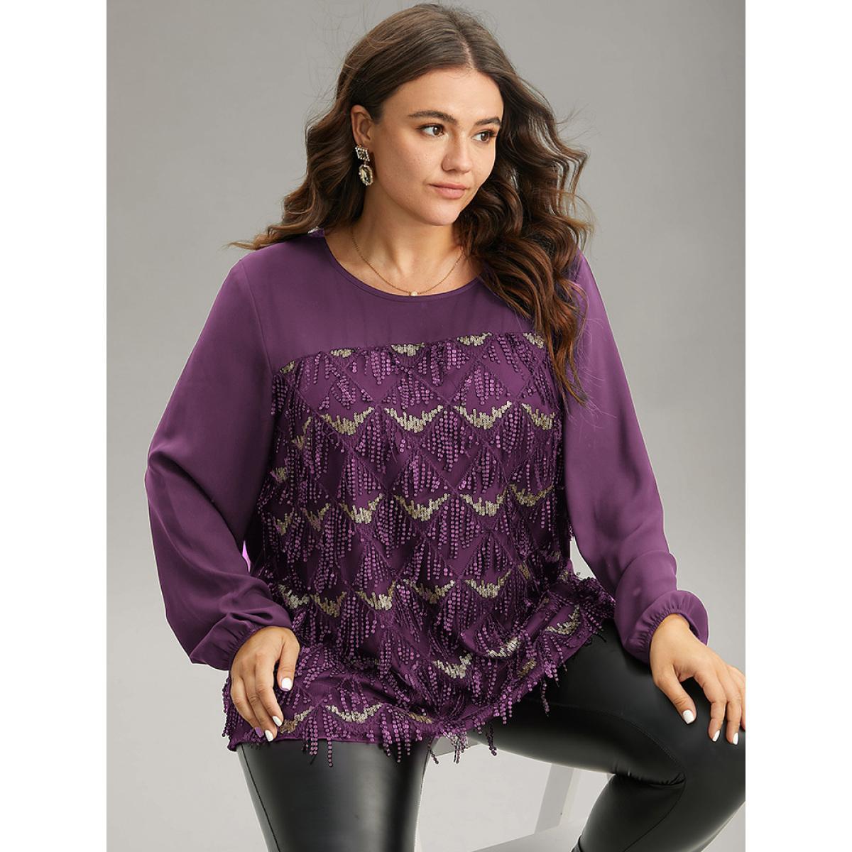 Plus Size Purple Sequin Tassel Trim Patchwork Lantern Sleeve Blouse Women Glamour Long Sleeve Round Neck Party Blouses BloomChic 10/M Product Image