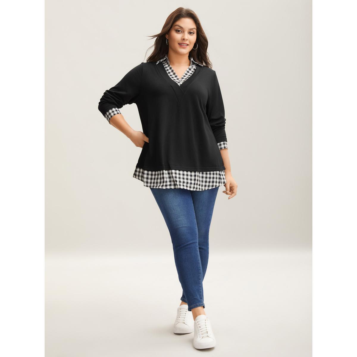 Plus Size Gingham Patchwork Shirt Collar Arc Hem Sweatshirt Women Black Casual Patchwork V-neck Everyday Sweatshirts BloomChic 10/M Product Image