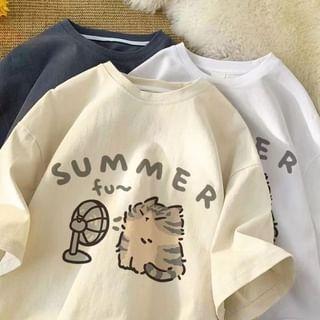 Short-Sleeve Cat Print Loose-Fit Tee Product Image