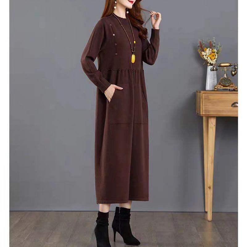Long-Sleeve Plain Midi Sweater Dress Product Image