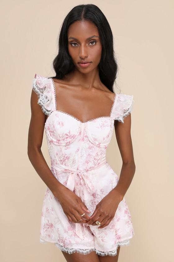Adorable Whimsy Ivory and Blush Floral Lace Bustier Romper Product Image