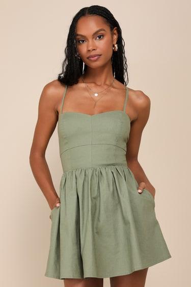 Sweet Existence Olive Green Linen Lace-Up Skort Romper Product Image
