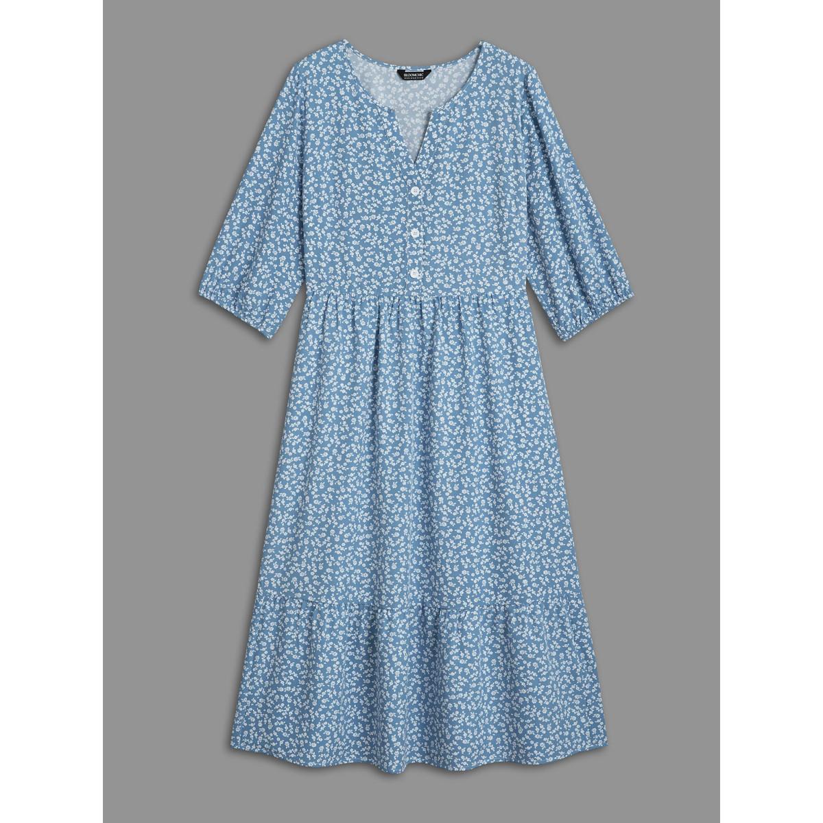 Plus Size Notched Ditsy Floral Button Midi Dress Mediumblue Women Casual Button Notched collar Elbow-length sleeve Curvy BloomChic 10/M Product Image