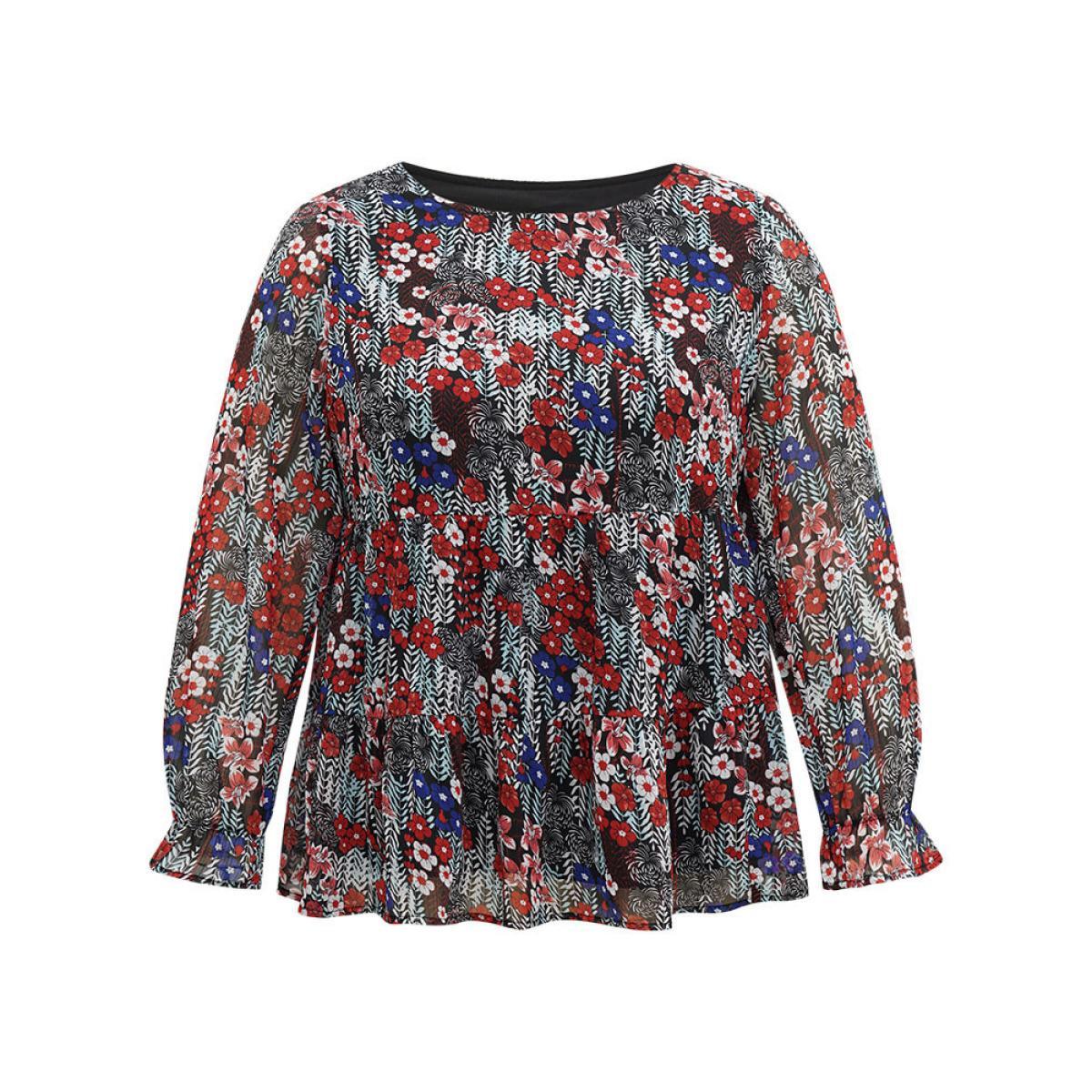 Plus Size Black Floral Ruffles Elastic Waist Lantern Sleeve Chiffon Blouse Women Elegant Long Sleeve Round Neck Everyday Blouses BloomChic 10/M Product Image