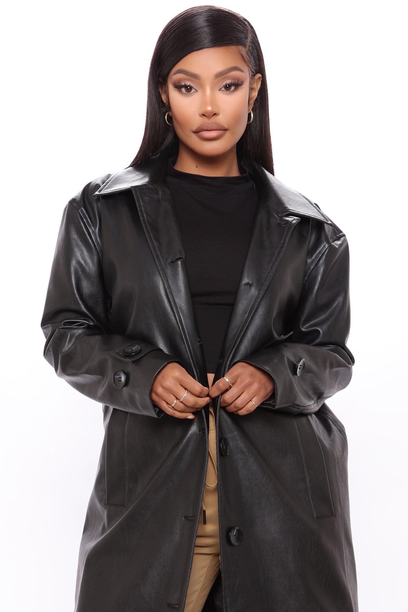 Gimme A Clue Faux Leather Trench Coat - Black Product Image