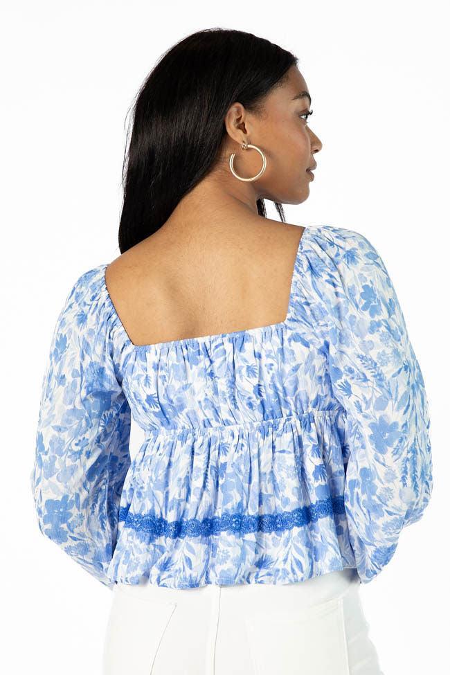 In My Dreams Blue Lace Trim Floral Blouse SALE Product Image
