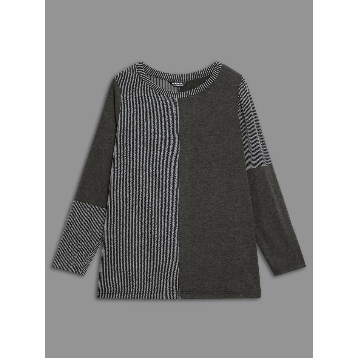 Plus Size Round Neck Textured Patchwork T-shirt Black Women Casual Texture Round Neck Everyday T-shirts BloomChic 10/M Product Image