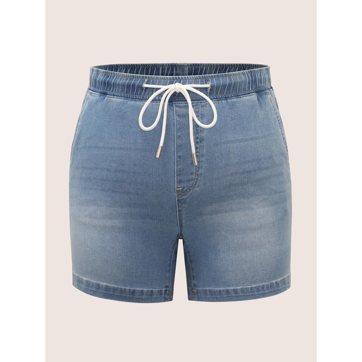 Plus Size Light Wash Elastic Waist Drawstring Denim Shorts Women Denimlightblue Drawstring Medium stretch Everyday Slanted pocket Casual Denim Shorts BloomChic 26/4X Product Image
