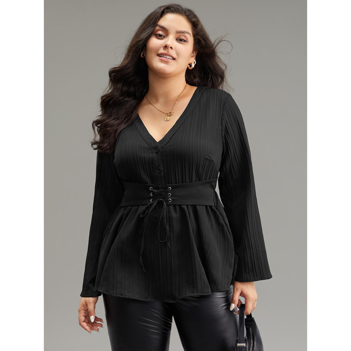 Plus Size Black Solid Textured Button Detail Lace Up Blouse Women At the Office Long Sleeve V-neck Work Blouses BloomChic 28/5X Product Image