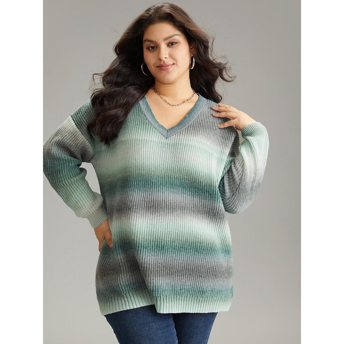 Plus Size Rainbow Ombre V Neck Loose Pullover Emerald Women Casual Loose Long Sleeve V-neck Everyday Pullovers BloomChic 26/4X Product Image