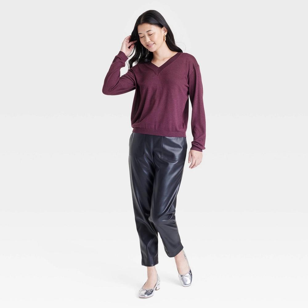 Women's Fine Gauge V-Neck Pullover Sweater - A New Day™ Burgundy XL Product Image