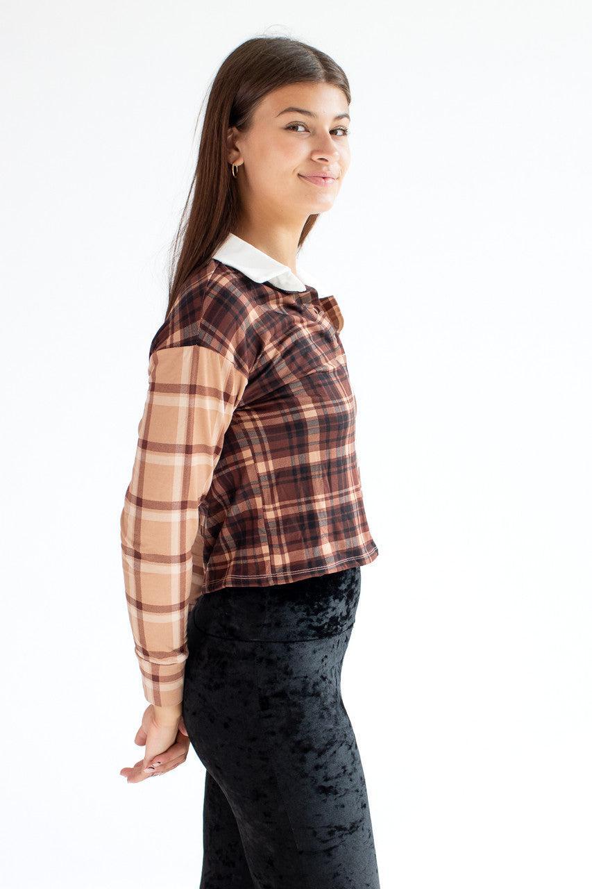 Fleece Mixed Plaid Long Sleeved Polo Shirt Product Image