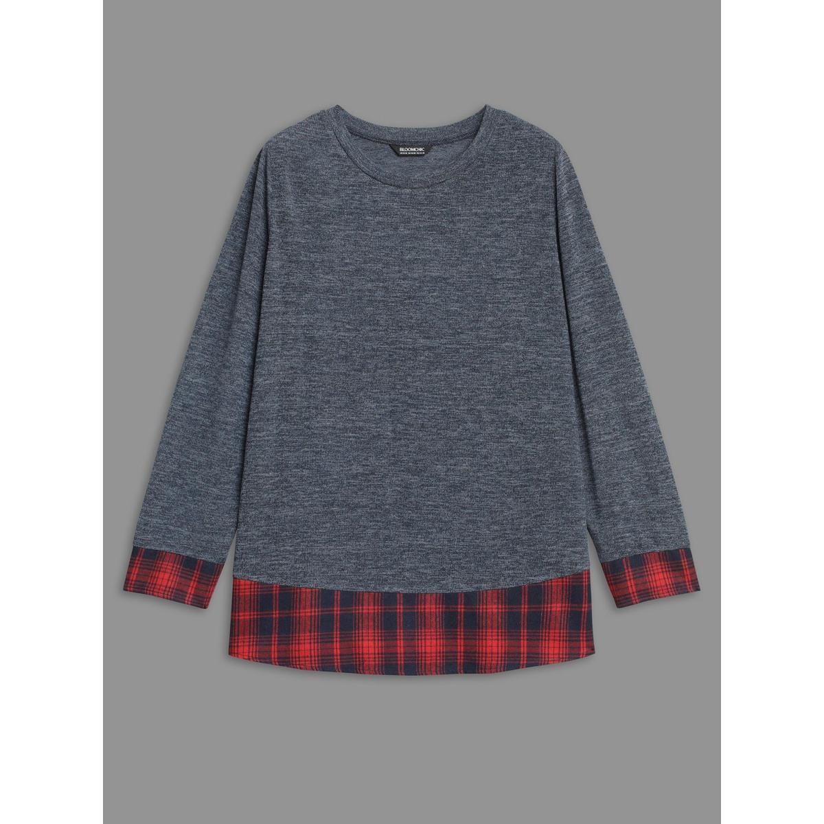 Plus Size Round Neck Plaid Patchwork Heather T-shirt Indigo Women Casual Contrast Round Neck Loose Everyday T-shirts BloomChic 28/5X Product Image