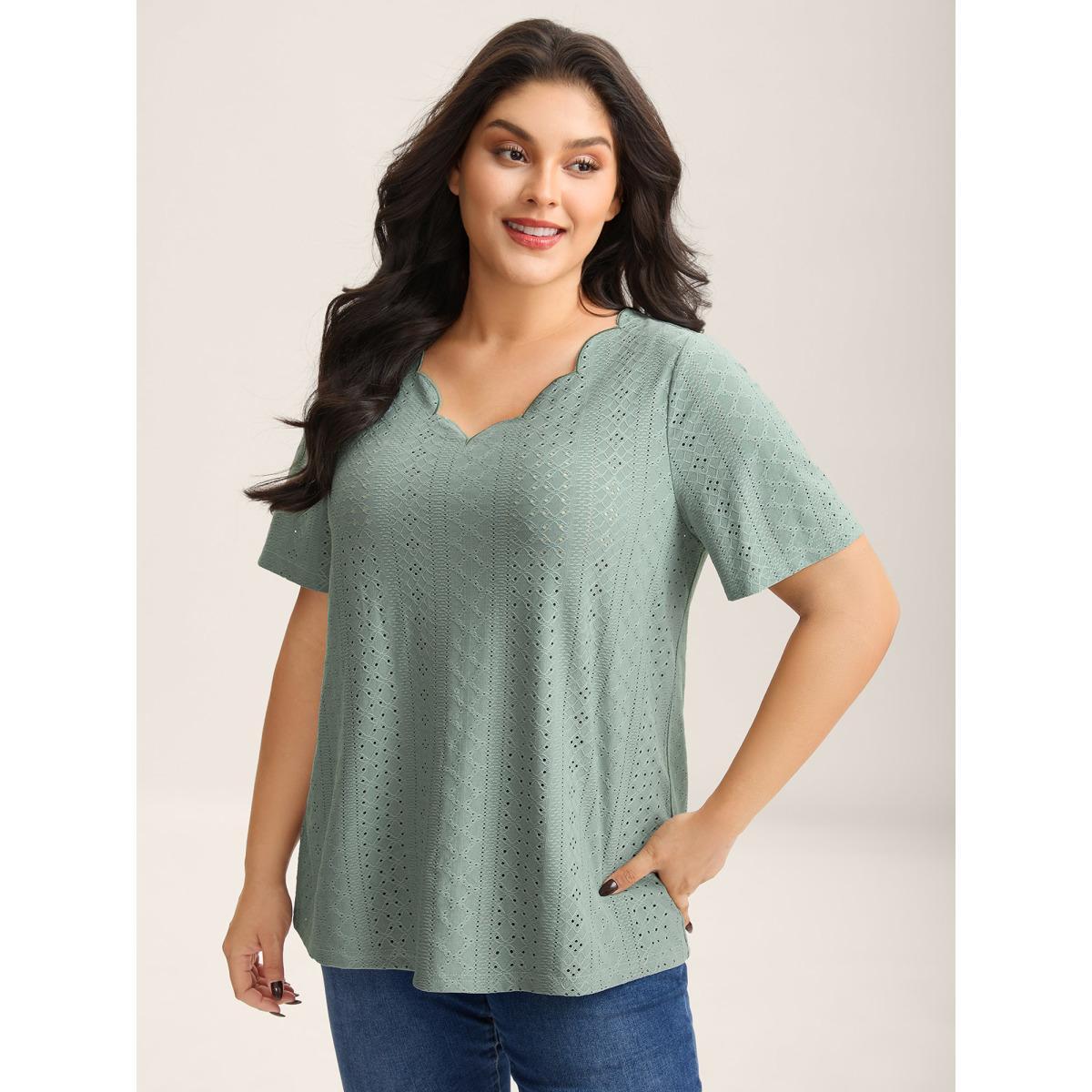 Plus Size Eyelet Trim Scalloped Neck Stretchy T-Shirt Greenbean Women Texture V-neck Everyday-Casual T-shirts BloomChic 26/4X Product Image