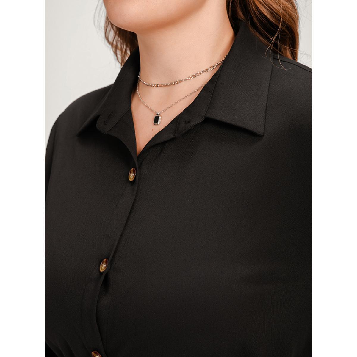 Plus Size Solid Shirt Collar Button Up Belted Arc Hem Dress Black Women Office Belted Shirt collar Long Sleeve Curvy Midi Dress BloomChic 26/4X Product Image