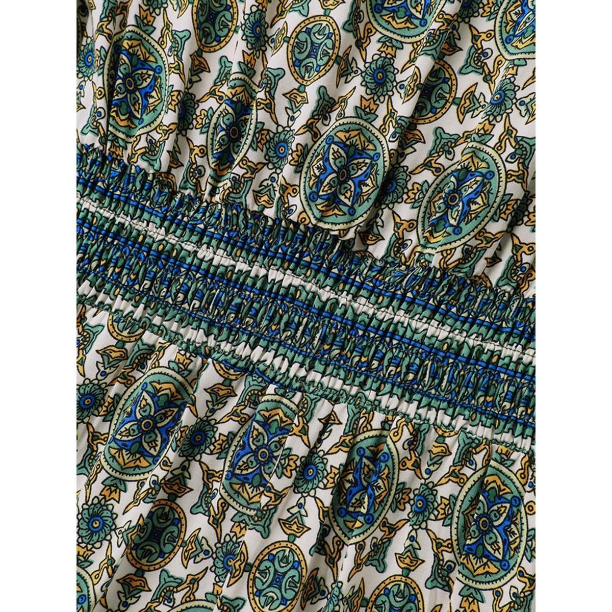 Plus Size Rayon Floral Boho Print Pockets Midi Dress Multicolor Women Shirred V-neck Short sleeve Curvy BloomChic 28/5X Product Image