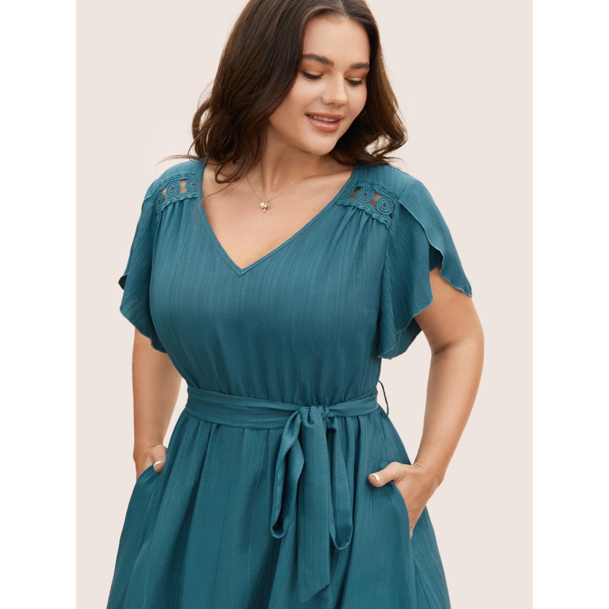 Plus Size Solid Crochet Lace Petal Sleeve Dress Aegean Women Elegant Woven ribbon&lace trim V-neck Short sleeve Curvy BloomChic 10/M Product Image
