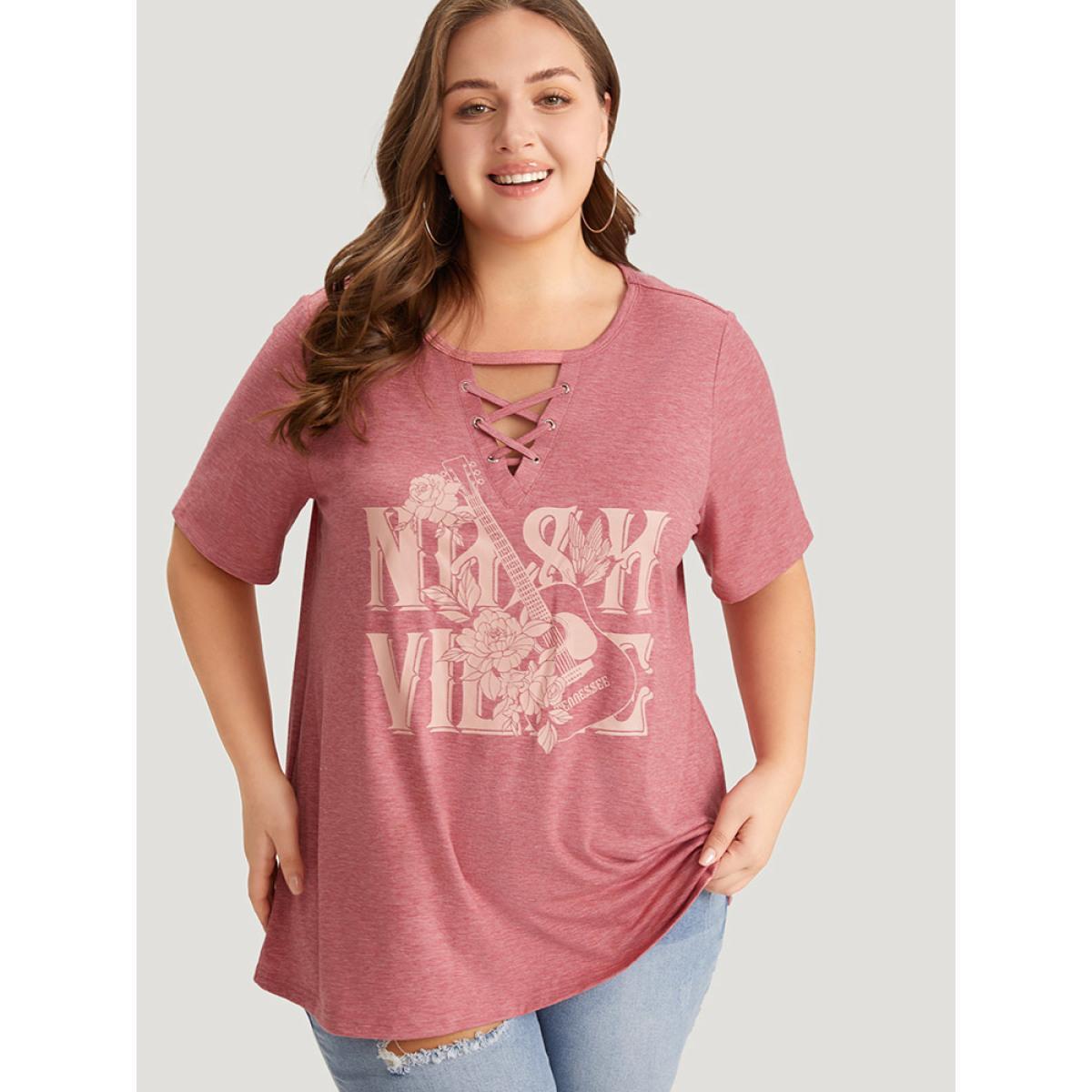 Plus Size Guitar & Letter Print Heather Crisscross Neck Graphic T-shirt Russet Women Casual Art&design Dailywear T-shirts BloomChic 12/L Product Image