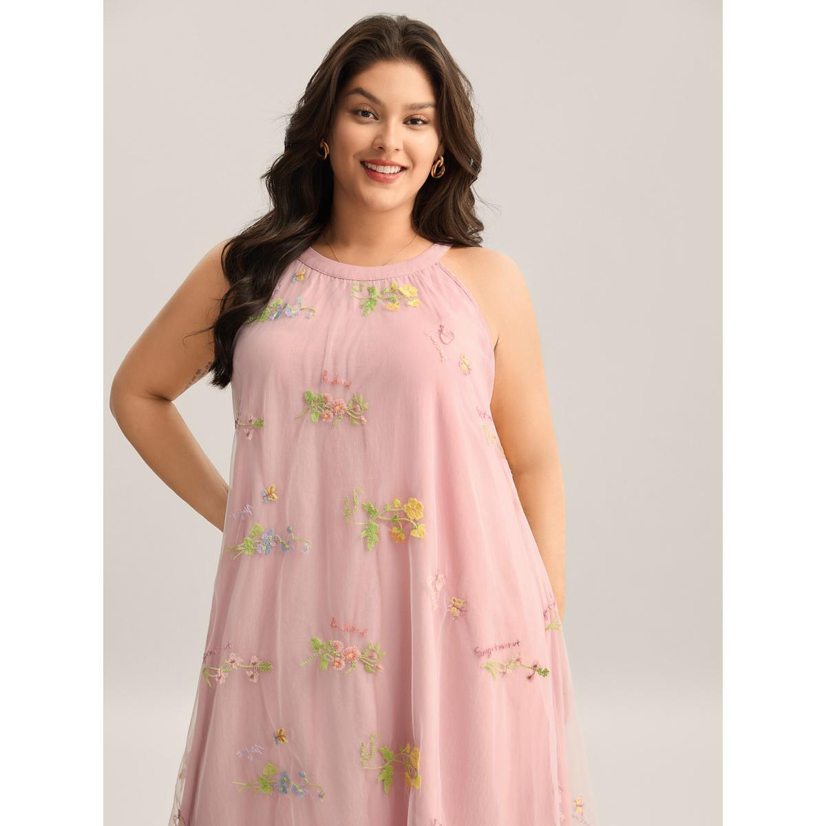 Plus Size Embroidered Mesh Halter Neck Midi Dress MistyRose Women Round Neck Sleeveless Curvy BloomChic 12/L Product Image