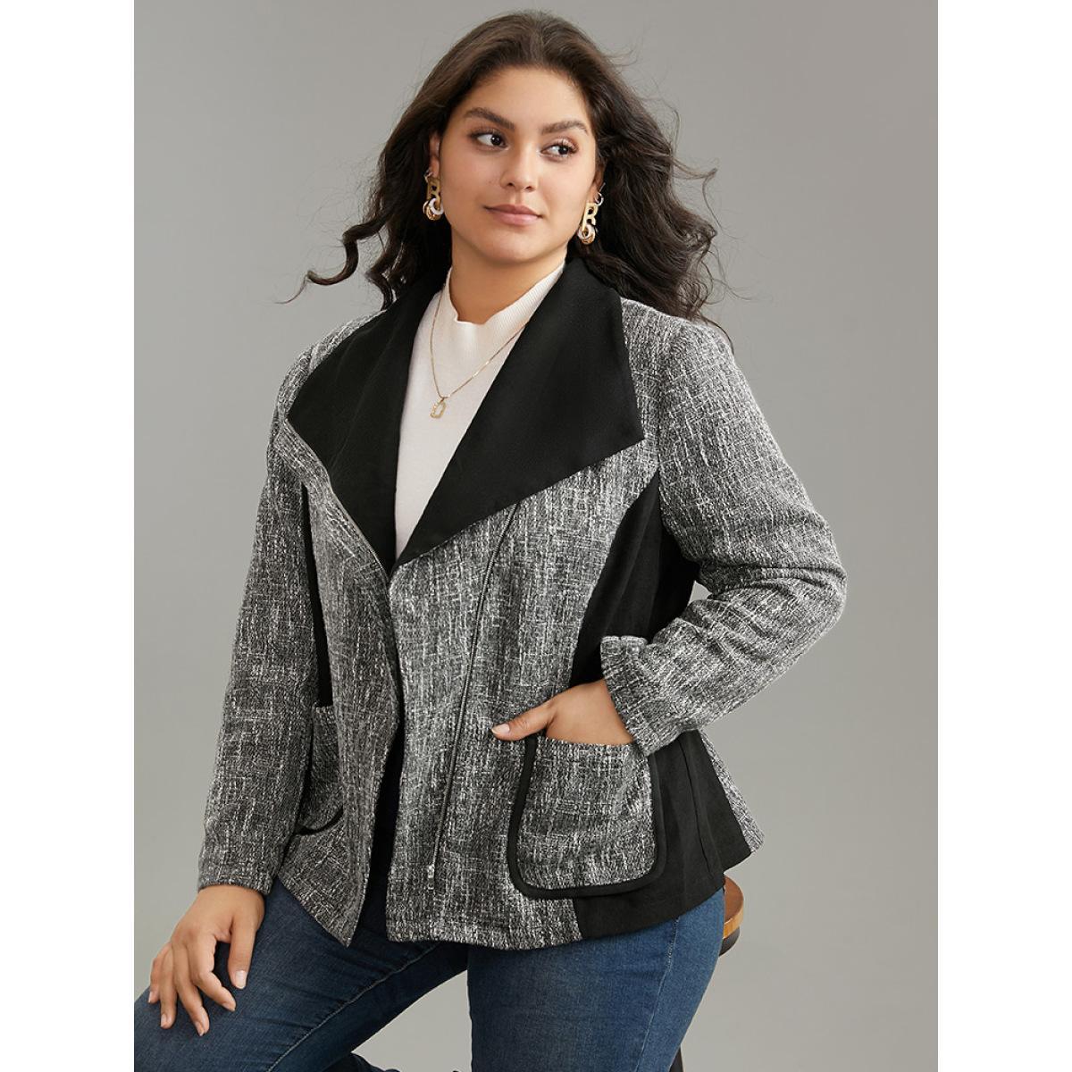 Plus Size Contrast Patchwork Zipper Lapel Collar Tweed Coat Women DimGray Casual Lined Ladies Dailywear Winter Coats BloomChic 18-20/2X Product Image