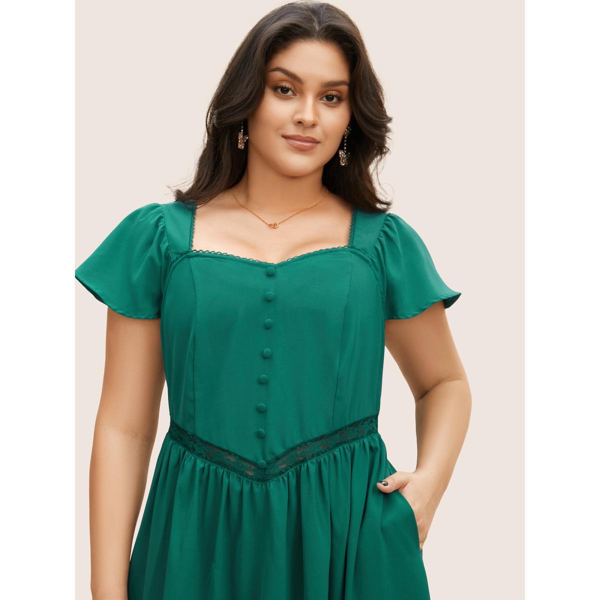 Plus Size Heart Neckline Solid Button Detail Lace Trim Dress Emerald Women Elegant Woven ribbon&lace trim Heart neckline Cap Sleeve Curvy BloomChic 30/6X Product Image