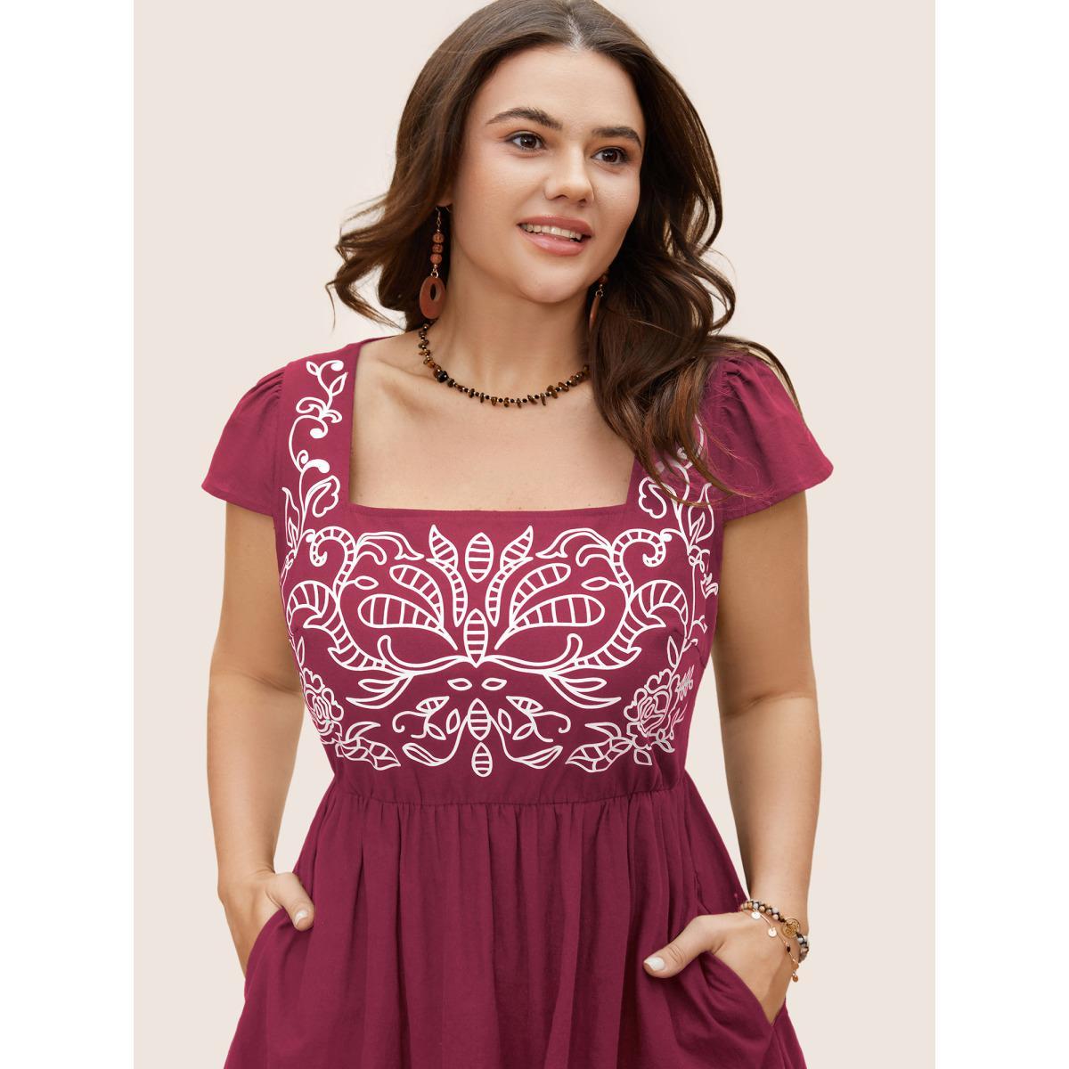 Plus Size Square Neck Bandana Print Cap Sleeve Dress Burgundy Women Resort Ruffles Square Neck Cap Sleeve Curvy BloomChic 26/4X Product Image
