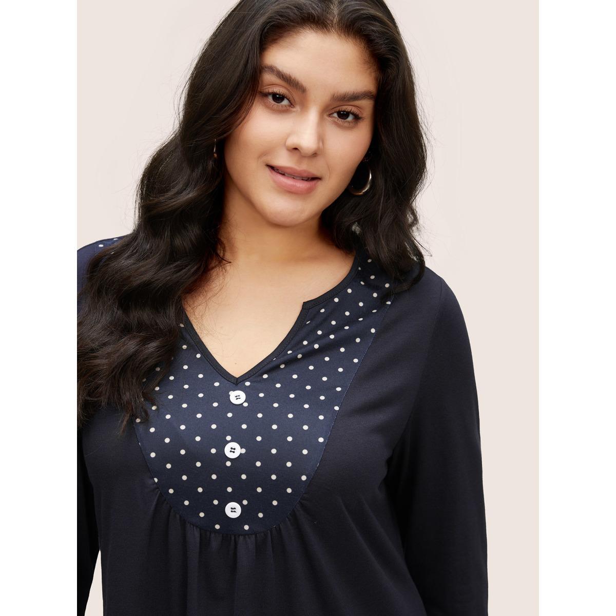 Plus Size Polka Dot Patchwork Notched Button Detail T-shirt Indigo Women Casual Contrast Polka Dot Notched collar Everyday T-shirts BloomChic 22-24/3X Product Image