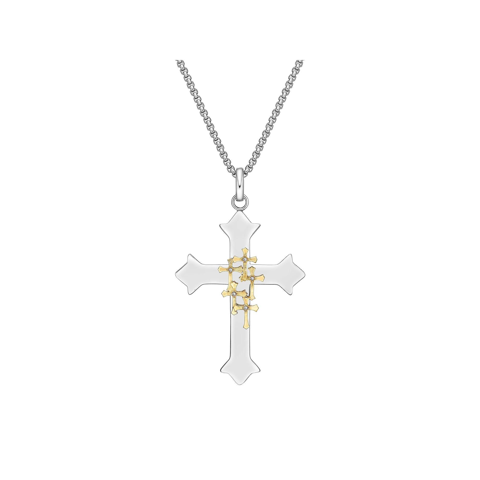 Men's LYNX Stainless Steel & Crystal Cross Pendant Necklace, Size: 24", Two Tone Product Image