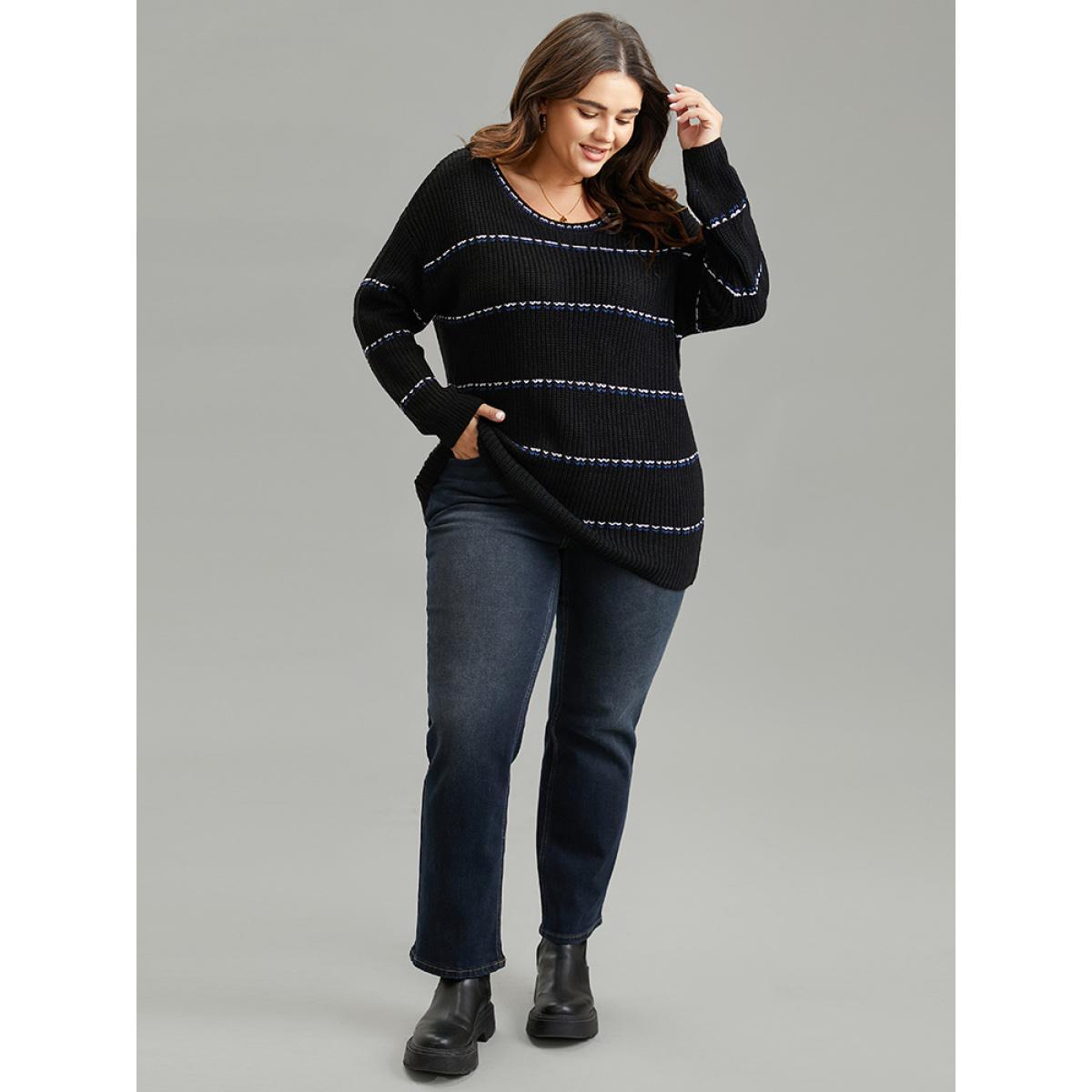 Plus Size Contrast Striped Round Neck Elastic Cuffs Pullover Black Women Casual Loose Long Sleeve Everyday Pullovers BloomChic 14-16/1X Product Image
