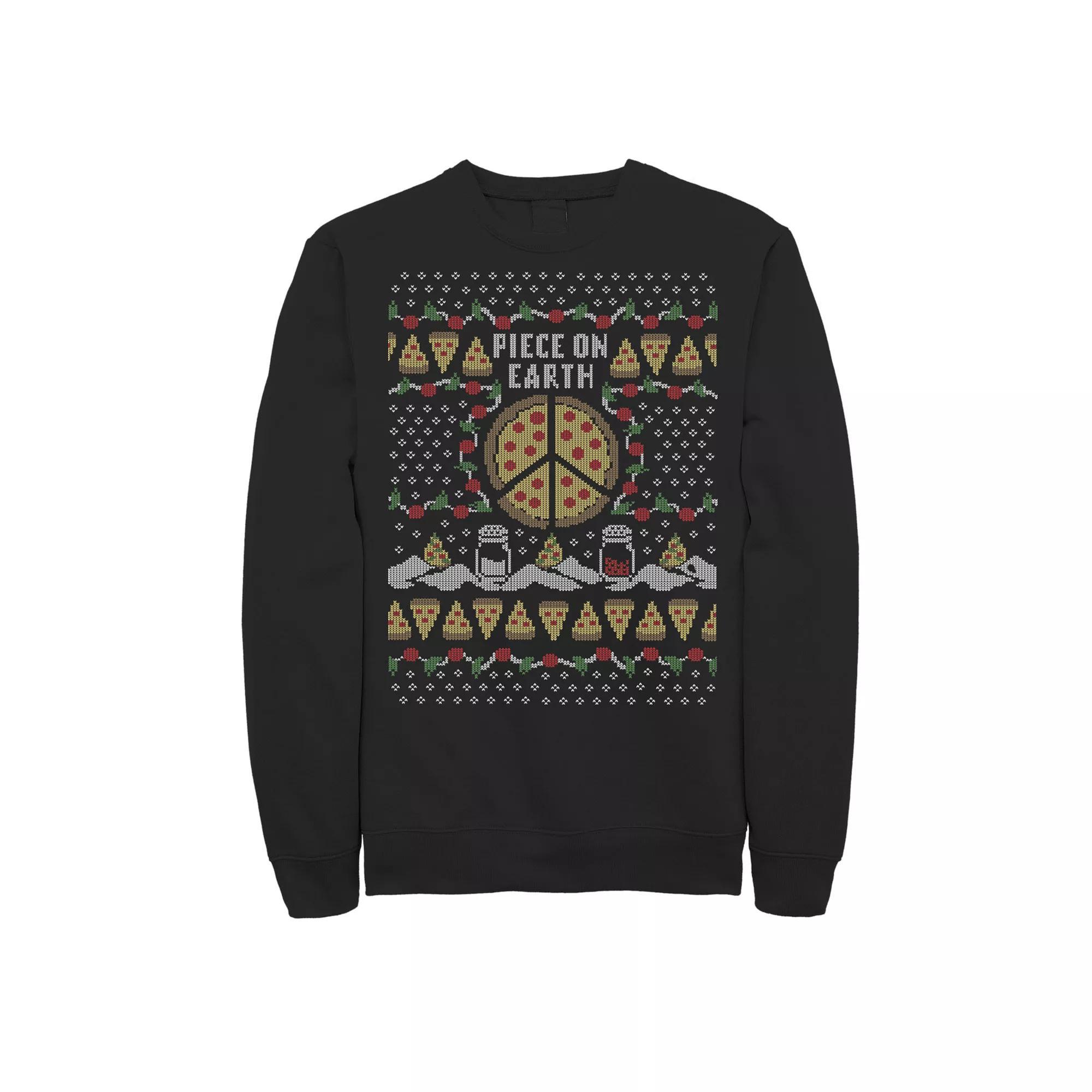 Mens Piece On Earth Pizza Ugly Christmas Fleece Crewneck Sweatshirt Product Image