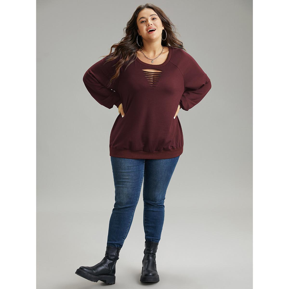 Plus Size Solid Rib Knit Cut Out Raglan Sleeve Sweatshirt Women Burgundy Casual Rib Knit Keyhole Cut-Out Everyday Sweatshirts BloomChic 14-16/1X Product Image