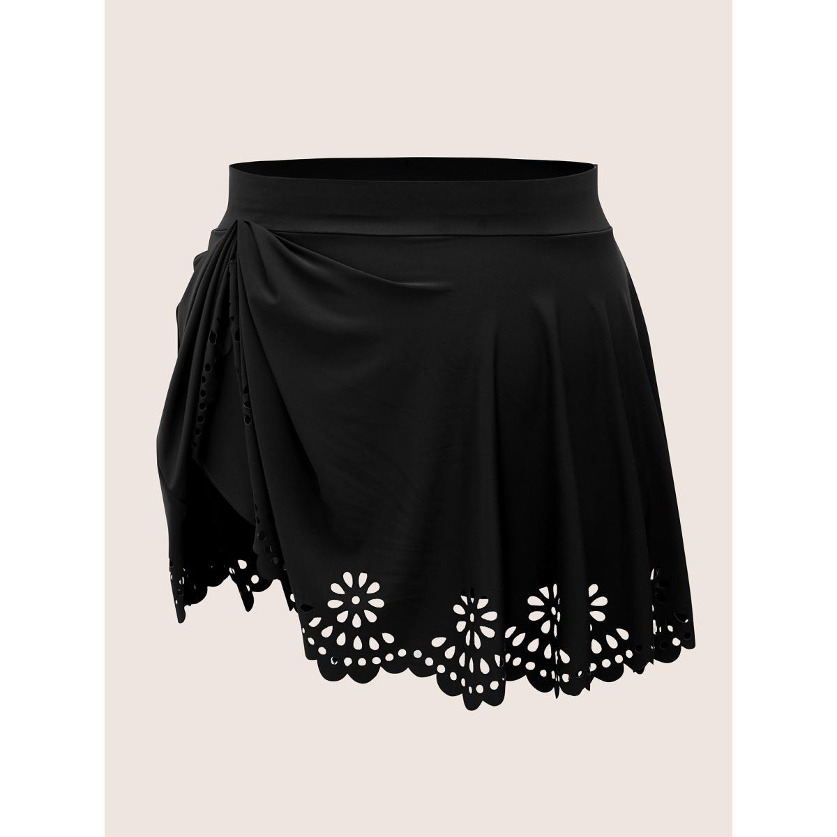 Plus Size Plain Laser Cut Elastic Waist Swim Bottom Women's Swimwear Black Beach Laser High stretch Bodycon High Rise Curve Swim Bottoms BloomChic 12/L Product Image