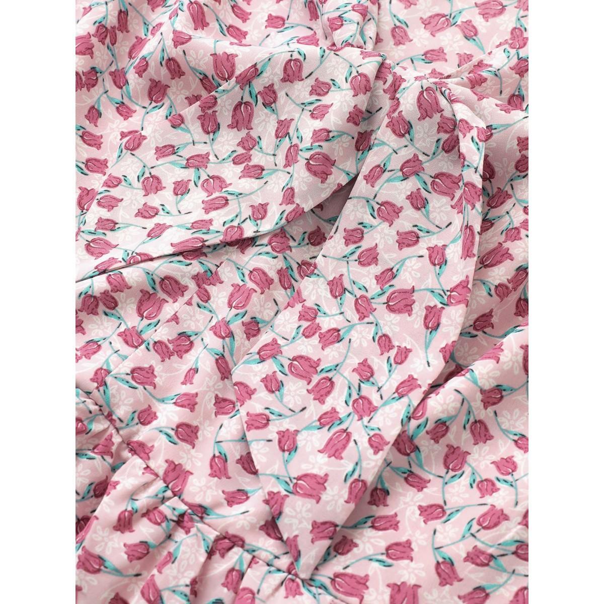 Plus Size Ditsy Floral Tie Neck Elastic Waist Dress Pink Women Elegant Non V-neck Half Sleeve Curvy Midi Dress BloomChic 30/6X Product Image