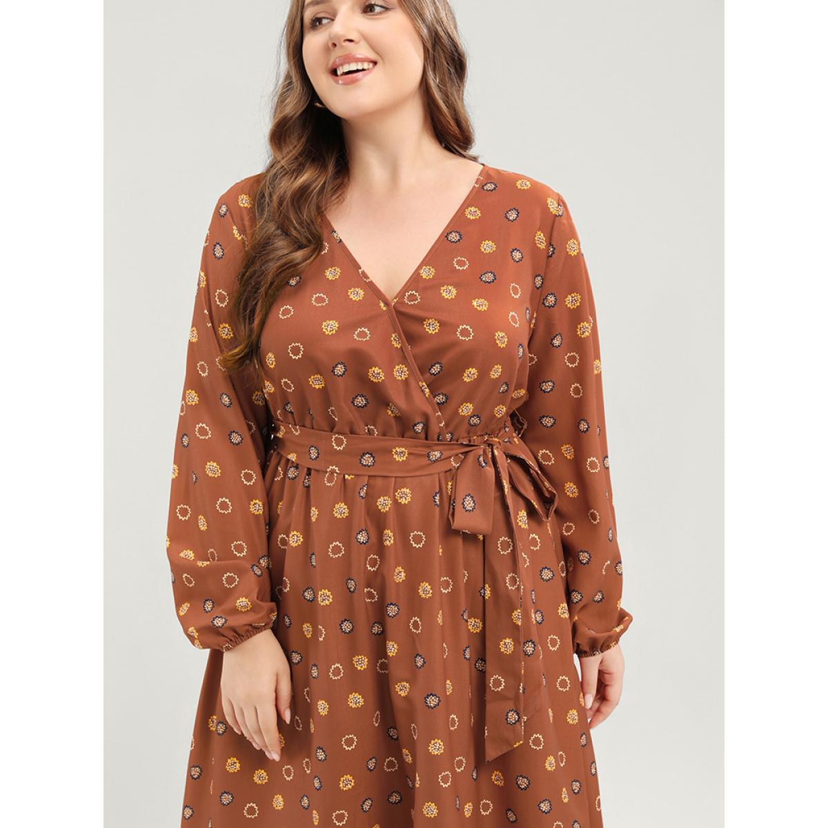 Plus Size Polka Dot Lantern Sleeve Pocket Belted Surplice Neck Maxi Dress Bronze Women Vacation V-neck Long Sleeve Curvy Long Dress BloomChic 30/6X Product Image